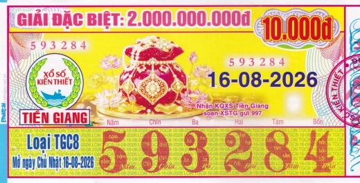Mẫu vé số đối chiếu Miền Nam - Đài Tiền Giang ngày 16/08/2026 - Xổ Số Kim Ngân