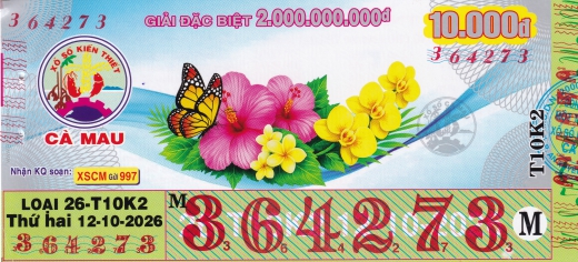 Mẫu vé số đối chiếu Miền Nam - Đài Cà Mau ngày 12/10/2026 - Xổ Số Kim Ngân