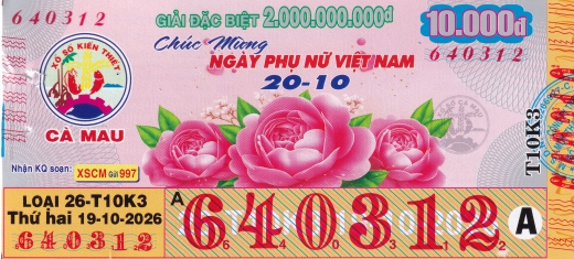 Mẫu vé số đối chiếu Miền Nam - Đài Cà Mau ngày 19/10/2026 - Xổ Số Kim Ngân